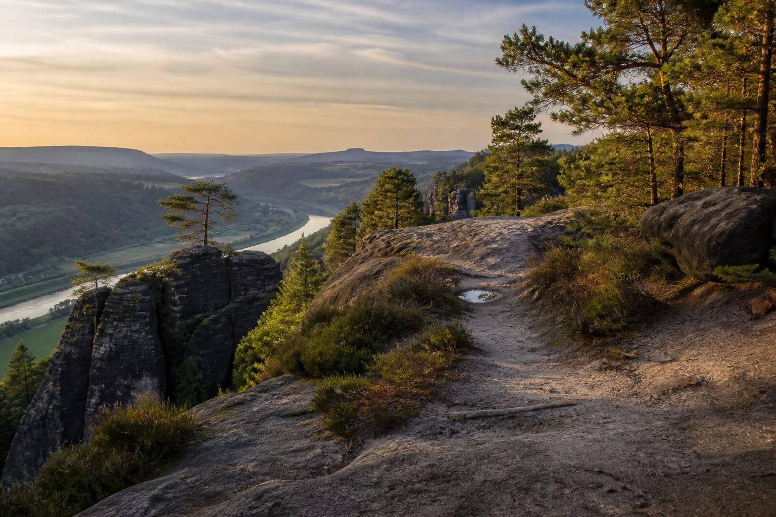 Offenes Sandsteinplateau mit Kiefern und Blick über das Elbtal